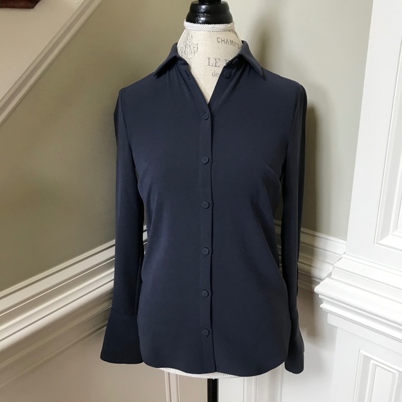 Charlotte Brody Blouse Top Shirt Womens XS Navy Blue Long Sleeve Collared - Picture 2 of 11